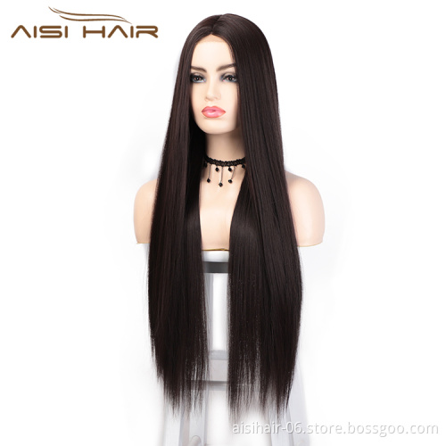 Aisi Hair Cheap 26 Inch Brown Wig Long Straight Silky Lace Frontal Wig Middle Part Synthetic Front Lace Hair Wigs For Women